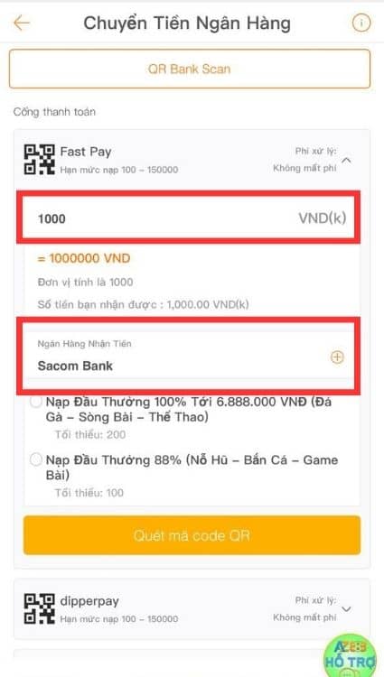 Nhập số tiền muốn nạp vào tài khoản AZ888 Nhập số tiền muốn nạp vào tài khoản AZ888
